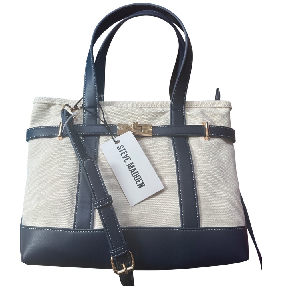 Steve Madden B Porter Small Mini Canvas Tote Boue Navy and Ivory Crossbody NWT